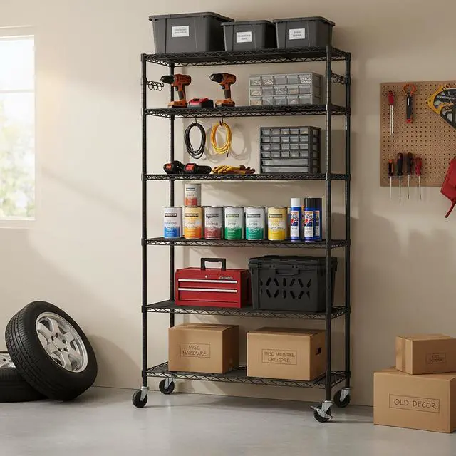 Alt view image 5 of 7 - Folews 6-Tier Metal Storage Shelf with Wheels NSF Wire Shelving Unit, Black