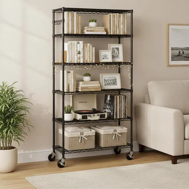 Alt view image 6 of 7 - Folews 6-Tier Metal Storage Shelf with Wheels NSF Wire Shelving Unit, Black