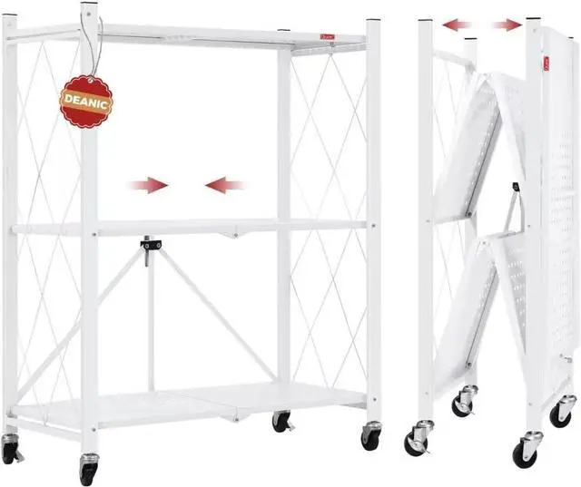 Main image of DEANIC 3 Tier Foldable Storage Shelves with Wheels, Kitchen Appliance Stand, Freestanding Metal Wire Shelf Rack, No Assembly Organizer Rolling Cart for Garage, Basement, Pantry(White)