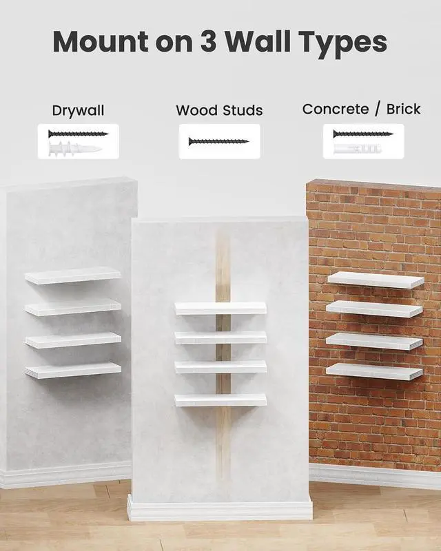 Alt view image 6 of 7 - Amada Paulownia Wood Floating Shelves for Wall, Set of 4, White