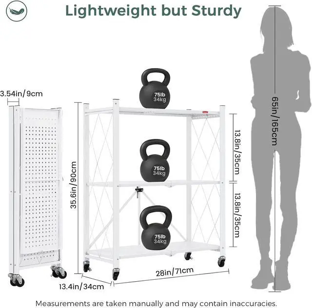 Alt view image 3 of 7 - DEANIC 3 Tier Foldable Storage Shelves with Wheels, Kitchen Appliance Stand, Freestanding Metal Wire Shelf Rack, No Assembly Organizer Rolling Cart for Garage, Basement, Pantry(White)