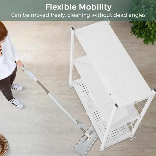 Alt view image 6 of 7 - DEANIC 3 Tier Foldable Storage Shelves with Wheels, Kitchen Appliance Stand, Freestanding Metal Wire Shelf Rack, No Assembly Organizer Rolling Cart for Garage, Basement, Pantry(White)