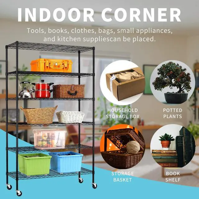 Alt view image 5 of 6 - HCY 6-Tier Storage Shelf Heavy Duty Shelving Unit NSF Height Adjustable Metal Rack with Wheels for Laundry Bathroom Kitchen Garage Pantry Organization 2100 LBS Capacity-82*48*18 inch, (Black)