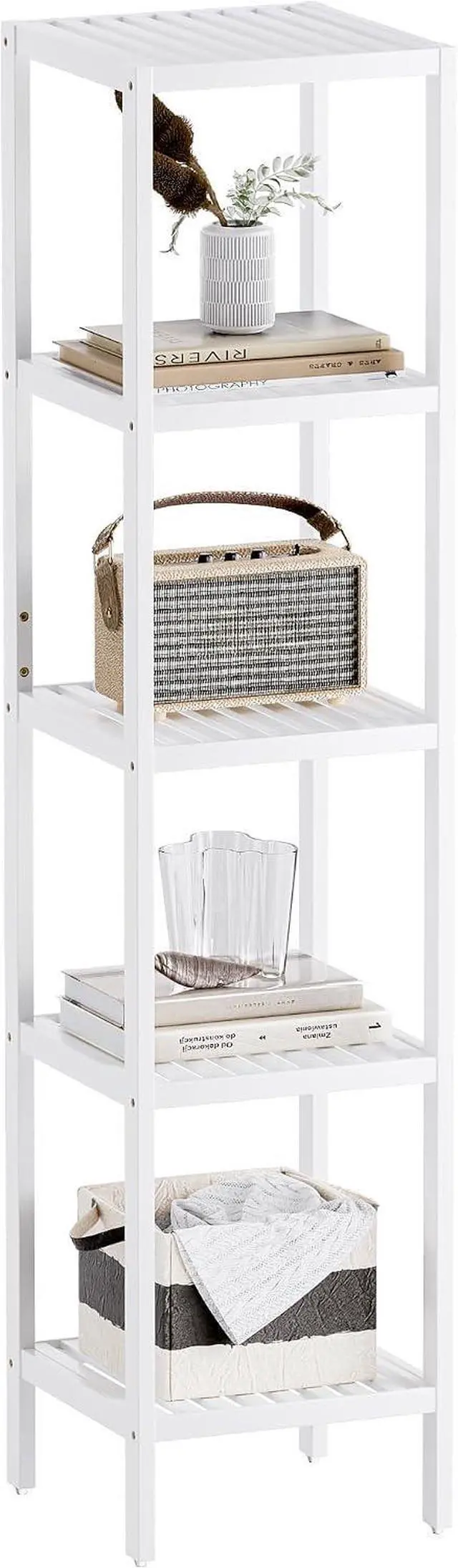Main image of SMIBUY Bathroom Storage Shelf, 5-Tier Bamboo Rack Organizer, Multifunctional Shelving Unit for Living Room Bedroom Kitchen (White)