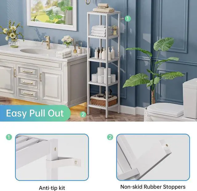 Alt view image 7 of 7 - SMIBUY Bathroom Storage Shelf, 5-Tier Bamboo Rack Organizer, Multifunctional Shelving Unit for Living Room Bedroom Kitchen (White)