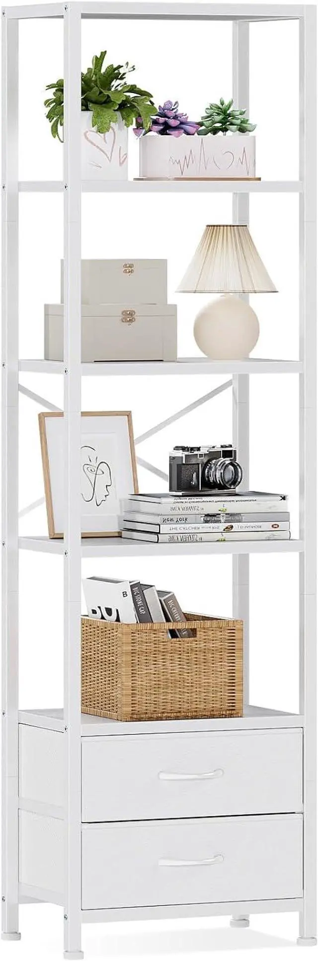 Main image of Furnulem 5-Tier Corner Shelf,Tall Narrow Bookshelf with Drawers,White