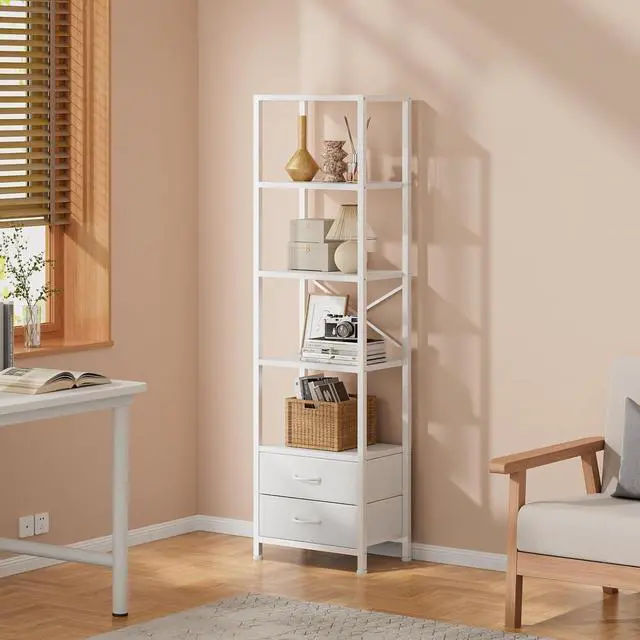 Alt view image 2 of 7 - Furnulem 5-Tier Corner Shelf,Tall Narrow Bookshelf with Drawers,White