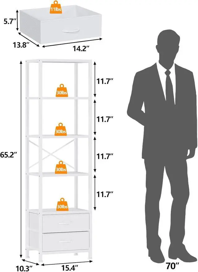 Alt view image 3 of 7 - Furnulem 5-Tier Corner Shelf,Tall Narrow Bookshelf with Drawers,White