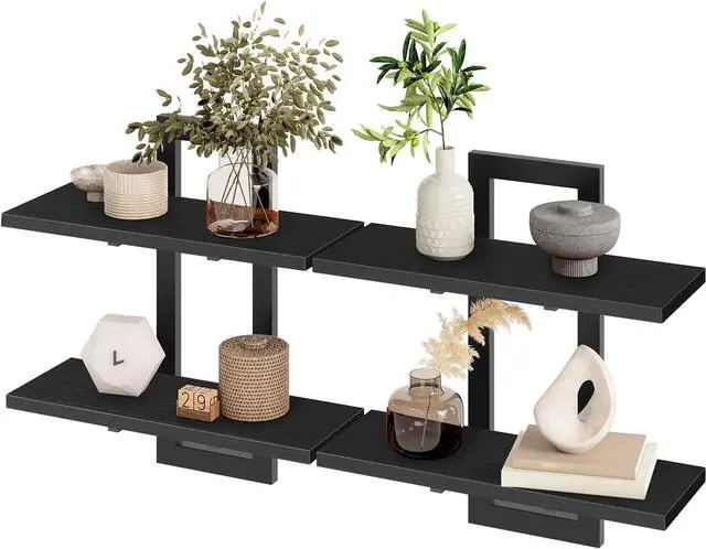 Main image of HOOBRO Floating Shelves, 15 Inch Wall Shelf Set of 2, Wall Mounted Storage Shelves 2-Tier, Hanging Bathroom Shelves, for Living Room, Bedroom, Bathroom, Kitchen, Black BK32BJ01