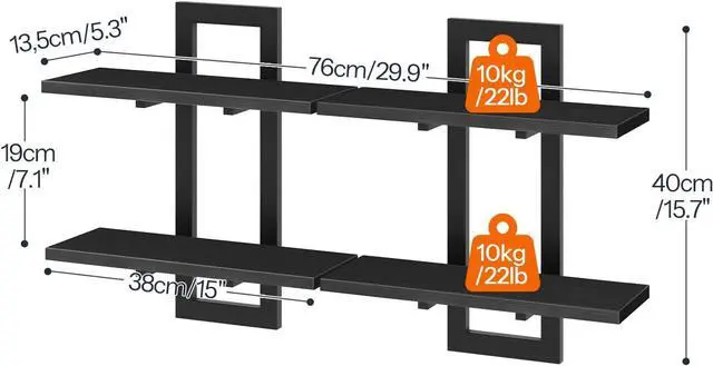Alt view image 3 of 7 - HOOBRO Floating Shelves, 15 Inch Wall Shelf Set of 2, Wall Mounted Storage Shelves 2-Tier, Hanging Bathroom Shelves, for Living Room, Bedroom, Bathroom, Kitchen, Black BK32BJ01