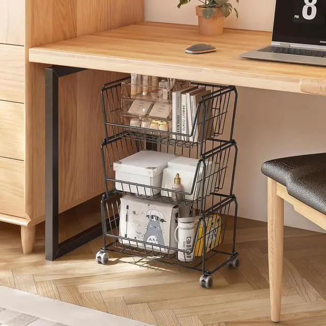 Alt view image 6 of 6 - PUSDON 4-Tier Spacious Stackable Wire Storage Baskets with Wheels, Metal Rolling Utility Cart, Produce Basket for Pantry, Bathroom Organizer Shelf, Matte Black