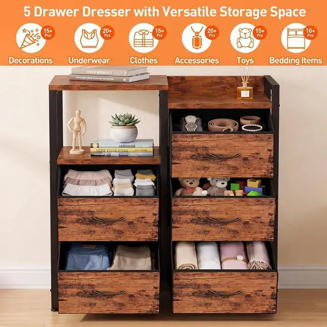 Alt view image 4 of 7 - Furnulem Rustic Brown Dressers for Bedroom, 5 Drawer Dresser for Closet