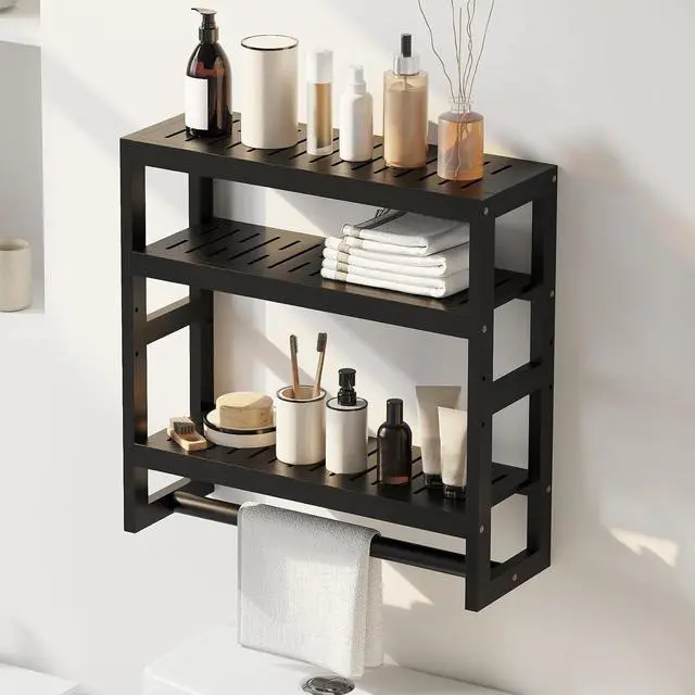 Main image of Bathroom Shelves with Hanging Bar Over Toilet Storage - Adjustable Wall Organizer (Black)