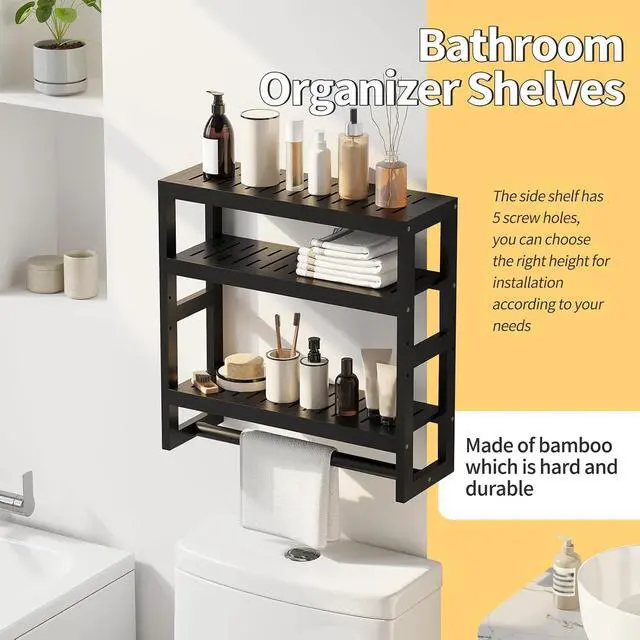 Alt view image 3 of 7 - Bathroom Shelves with Hanging Bar Over Toilet Storage - Adjustable Wall Organizer (Black)
