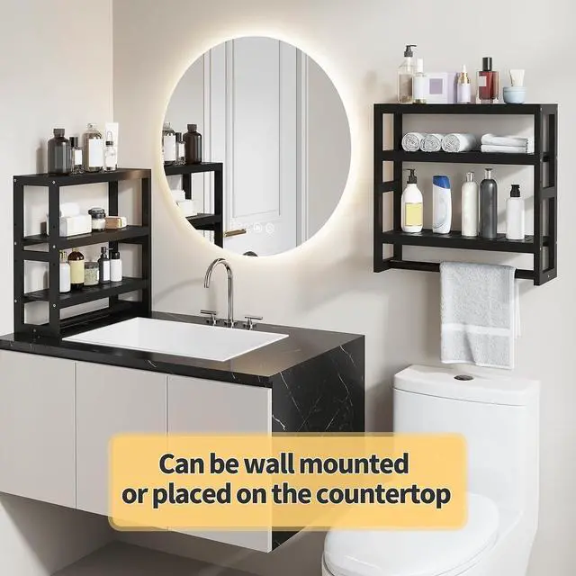 Alt view image 4 of 7 - Bathroom Shelves with Hanging Bar Over Toilet Storage - Adjustable Wall Organizer (Black)