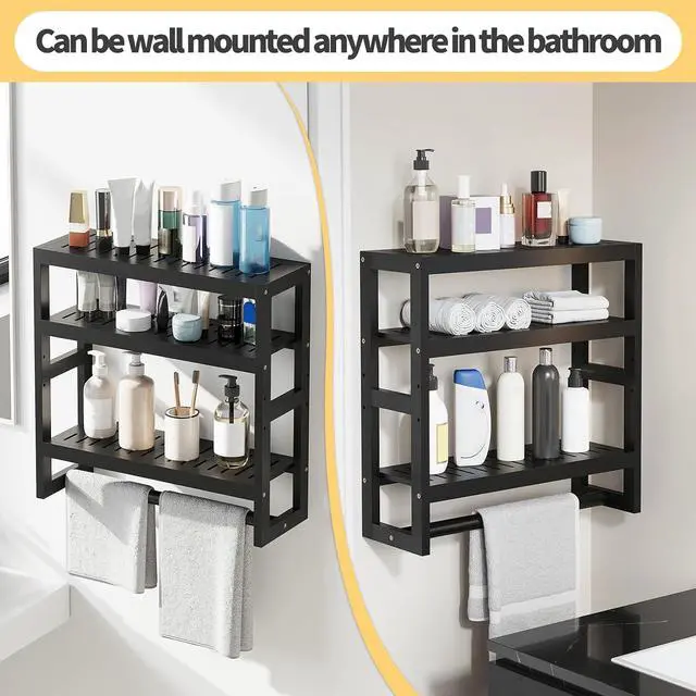Alt view image 5 of 7 - Bathroom Shelves with Hanging Bar Over Toilet Storage - Adjustable Wall Organizer (Black)