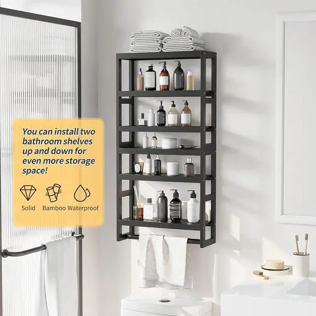 Alt view image 6 of 7 - Bathroom Shelves with Hanging Bar Over Toilet Storage - Adjustable Wall Organizer (Black)