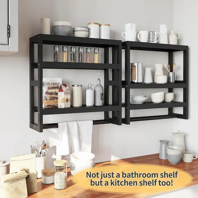 Alt view image 7 of 7 - Bathroom Shelves with Hanging Bar Over Toilet Storage - Adjustable Wall Organizer (Black)