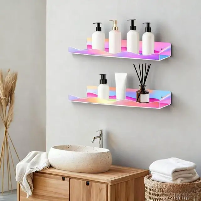 Alt view image 5 of 6 - 6 Pack Iridescent Acrylic Floating Shelves, 15.7" Clear Acrylic Display Shelves Bookshelf Wall Mounted, Bathroom Kids Room Home Storage Wall Decor Ledge Shelf for Skincare, Perfume, Nail Polish