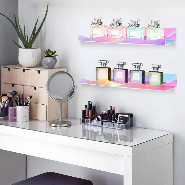 Alt view image 6 of 6 - 6 Pack Iridescent Acrylic Floating Shelves, 15.7" Clear Acrylic Display Shelves Bookshelf Wall Mounted, Bathroom Kids Room Home Storage Wall Decor Ledge Shelf for Skincare, Perfume, Nail Polish