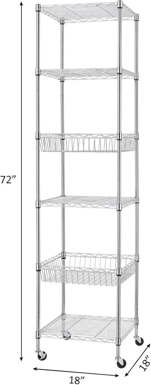 Alt view image 4 of 7 - Finnhomy Heavy Duty 6 Tier Wire Shelving Unit with Wheels 18x18x72-inches 6 Shelves Storage Rack Thicken Steel Tube, Adjustable Shelving Rack for Kitchen Bathroom Office, NSF Certified, Chrome