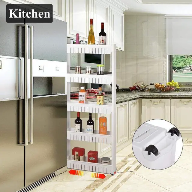 Alt view image 4 of 7 - Laundry Room Organizer, Mobile Shelving Unit Organizer with 5 Large Storage Baskets, Gap Storage Slim Slide Out Pantry Storage Rack for Narrow Spaces