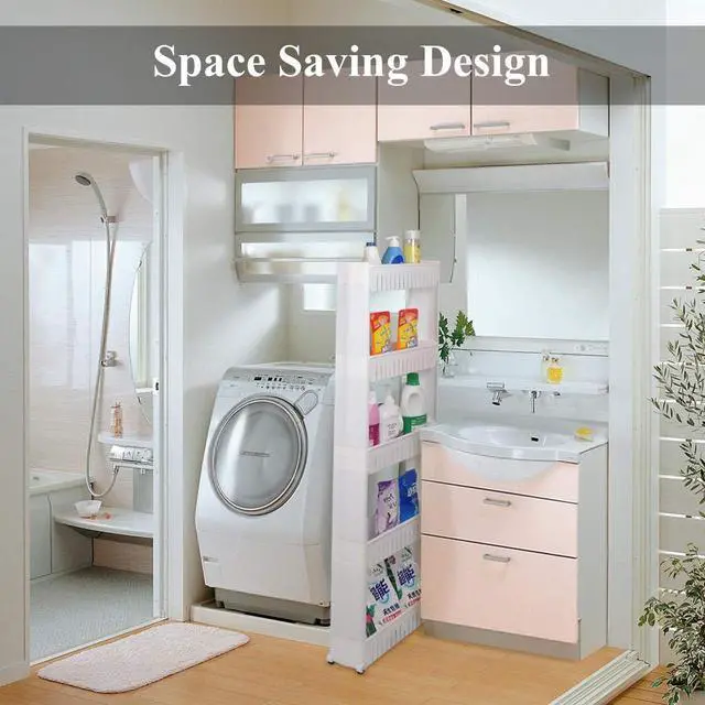 Alt view image 5 of 7 - Laundry Room Organizer, Mobile Shelving Unit Organizer with 5 Large Storage Baskets, Gap Storage Slim Slide Out Pantry Storage Rack for Narrow Spaces