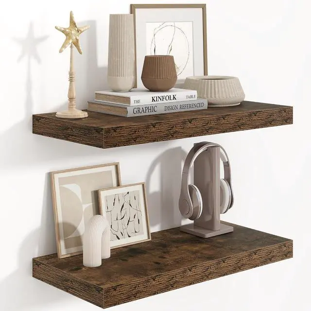 Main image of Fun Memories Floating Shelves 24 Inch Long, 9.3 Inch Deep Floating Shelf for Lving Room, Bedoom, Kitchen, Deep Wall Shelves for Bathroom, 2 Pack Storage Display Shelf for Books, Decors, Rustic Brown