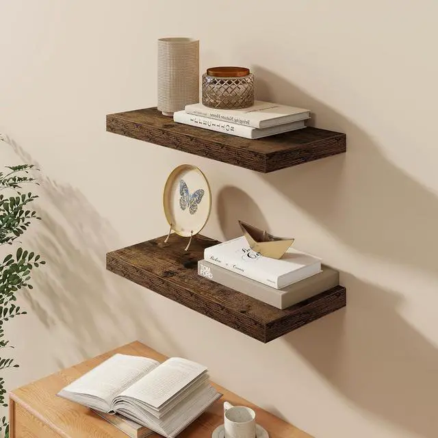 Alt view image 2 of 7 - Fun Memories Floating Shelves 24 Inch Long, 9.3 Inch Deep Floating Shelf for Lving Room, Bedoom, Kitchen, Deep Wall Shelves for Bathroom, 2 Pack Storage Display Shelf for Books, Decors, Rustic Brown