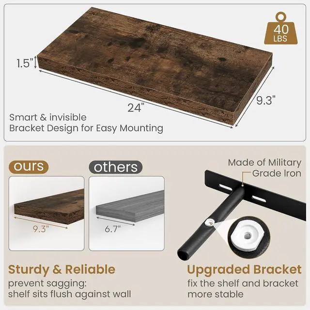 Alt view image 3 of 7 - Fun Memories Floating Shelves 24 Inch Long, 9.3 Inch Deep Floating Shelf for Lving Room, Bedoom, Kitchen, Deep Wall Shelves for Bathroom, 2 Pack Storage Display Shelf for Books, Decors, Rustic Brown