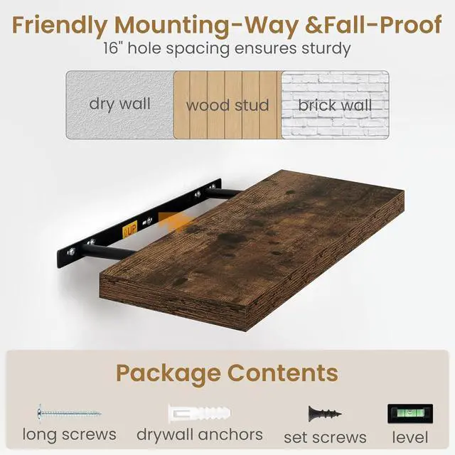 Alt view image 7 of 7 - Fun Memories Floating Shelves 24 Inch Long, 9.3 Inch Deep Floating Shelf for Lving Room, Bedoom, Kitchen, Deep Wall Shelves for Bathroom, 2 Pack Storage Display Shelf for Books, Decors, Rustic Brown