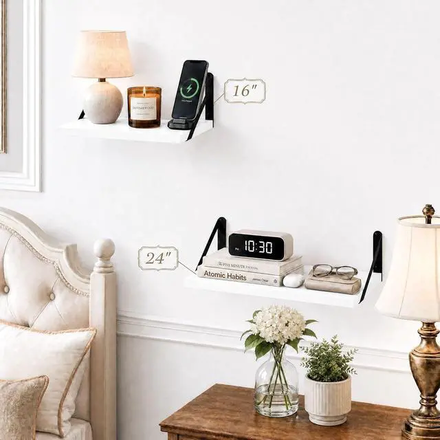 Alt view image 2 of 7 - SAUMONIER Floating Shelves Bookshelf for Bedroom Bathroom Living Room Wood Wall Mounted Wide Deep Storage, White Painted 24 Inch Shelves Set of 2
