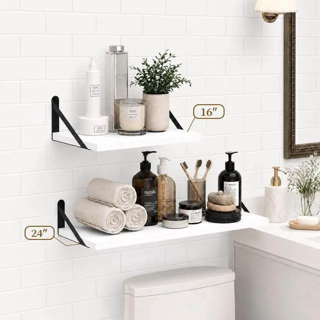 Alt view image 4 of 7 - SAUMONIER Floating Shelves Bookshelf for Bedroom Bathroom Living Room Wood Wall Mounted Wide Deep Storage, White Painted 24 Inch Shelves Set of 2