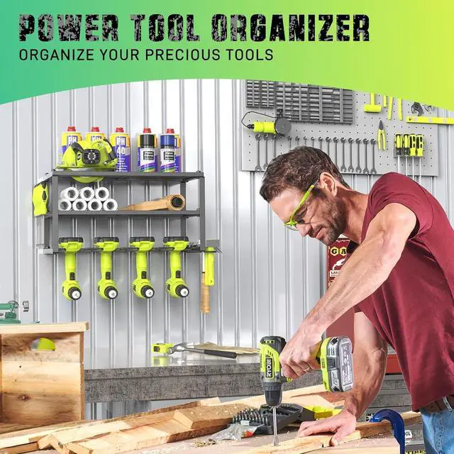 Alt view image 7 of 7 - SUNALLY Power Tool Organizer, Heavy Duty Iron, 3 Layers Storage Rack with 4 Drill Holders, Floating Tool Shelf Wall Mounted, Matte Black, Work Shop, Garage, 150Lbs Load Capacity