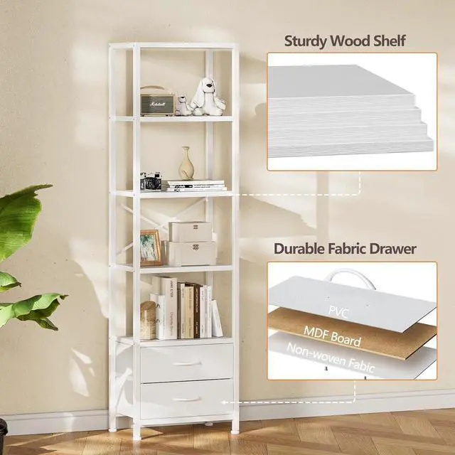 Alt view image 5 of 7 - Furnulem 5-Tier Corner Shelf,Tall Narrow Bookshelf with Drawers,White