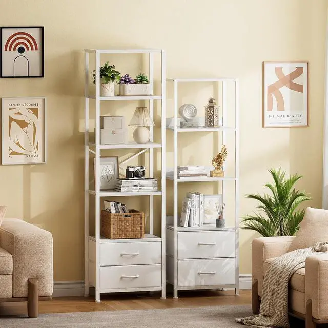 Alt view image 7 of 7 - Furnulem 5-Tier Corner Shelf,Tall Narrow Bookshelf with Drawers,White