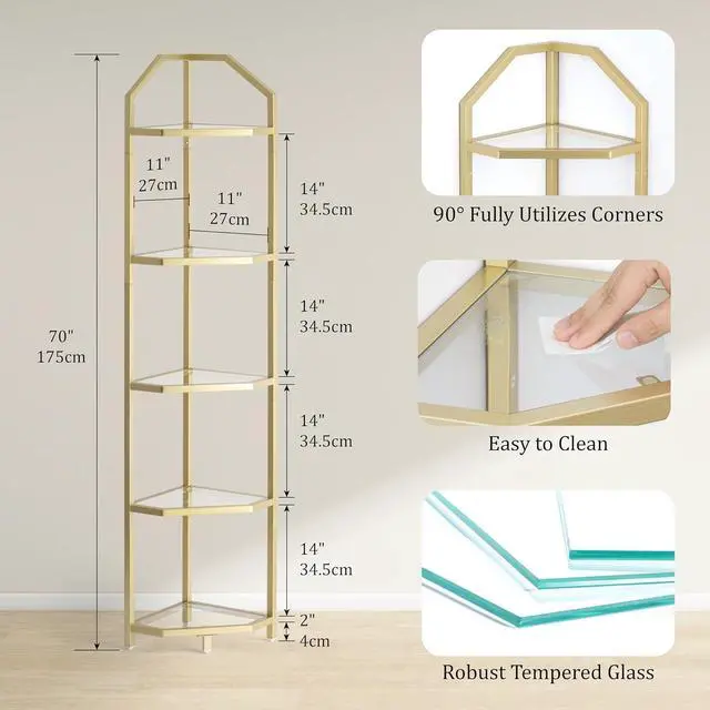 Alt view image 3 of 7 - 5-Tier Corner Shelf Stand, Gold Corner Bookshelf, Bathroom Storage Rack Shelf, Plant Rack, Tempered Glass, Steel Frame, Modern Style for Living Room, Bathroom, Kitchen, Metallic Gold