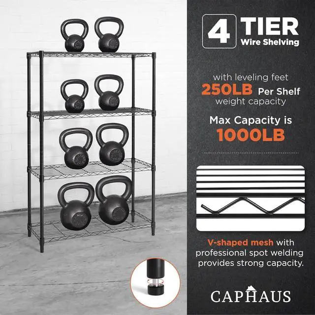 Alt view image 6 of 7 - CAPHAUS 4-Tier Adjustable Height Wire Shelving Unit, Wire Rack Shelving, Metal Steel Storage Shelves, Garage Shelving Storage Organizer, Utility Storage Shelf, Without Wheels, Black
