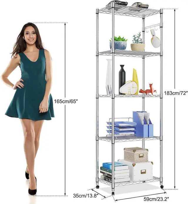 Alt view image 3 of 7 - Homdox 5 Tier Steel Wire Shelving Unit on Wheels,Chrome Shelves for Garage Kitchen Living Room,Heavy Duty Shelving Rack, 23.2 x 13.8 x 72 inch (L x W x H)