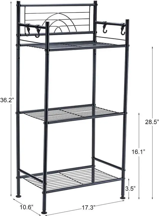 Alt view image 2 of 7 - L&H UNICO 3-Tier Free Standing Wire Rack Durable Metal Shelving Storage Unit with Adjustable Feet 4-Hook for Bathroom Laundry Kitchen Office, Black