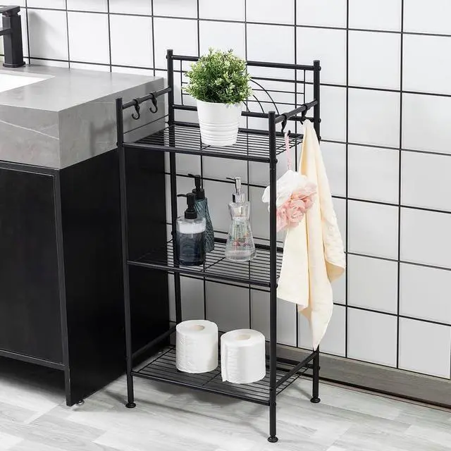 Alt view image 3 of 7 - L&H UNICO 3-Tier Free Standing Wire Rack Durable Metal Shelving Storage Unit with Adjustable Feet 4-Hook for Bathroom Laundry Kitchen Office, Black