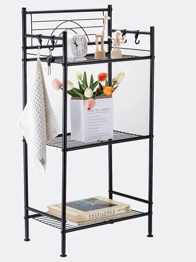 Alt view image 6 of 7 - L&H UNICO 3-Tier Free Standing Wire Rack Durable Metal Shelving Storage Unit with Adjustable Feet 4-Hook for Bathroom Laundry Kitchen Office, Black