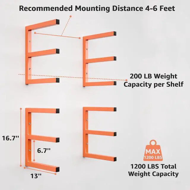 Alt view image 2 of 7 - YYR Wood Organizer and Lumber Storage Rack Wall Mount, Heavy Duty Metal Shelf with 6-Level Holds Up 1200 LBS, Indoor & Outdoor Use - Orange
