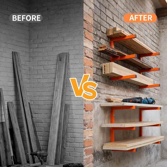 Alt view image 5 of 7 - MOOMSINE Lumber Storage Rack Wall Mounted, 6-Level Holds Up 1200 Lbs Heavy Duty Wood Organizer, Metal Shelf for Shed, Workshop, Garage - 4pack, Orange