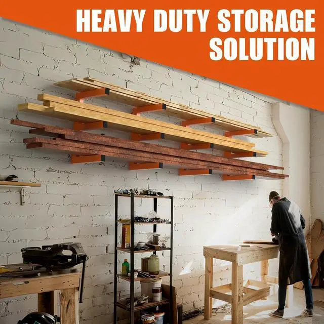 Alt view image 7 of 7 - MOOMSINE Lumber Storage Rack Wall Mounted, 6-Level Holds Up 1200 Lbs Heavy Duty Wood Organizer, Metal Shelf for Shed, Workshop, Garage - 4pack, Orange