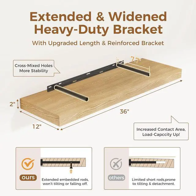 Alt view image 3 of 7 - Floating Shelves 36 Inch Long, 12 Inch Deep Floating Shelves for Wall, 36 x 12 Shelves for Wall Storage & Display, 2" Thick Floating Shelf for Bathroom, Living Room, Bedroom, Oak Color, Set of 1