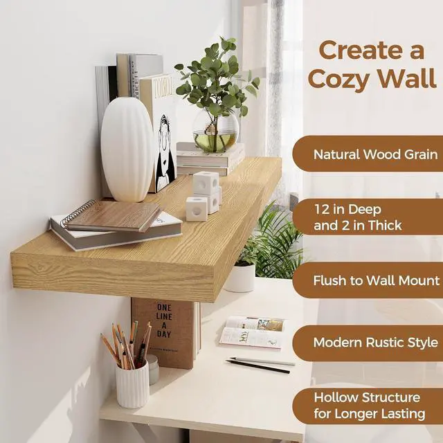 Alt view image 5 of 7 - Floating Shelves 36 Inch Long, 12 Inch Deep Floating Shelves for Wall, 36 x 12 Shelves for Wall Storage & Display, 2" Thick Floating Shelf for Bathroom, Living Room, Bedroom, Oak Color, Set of 1