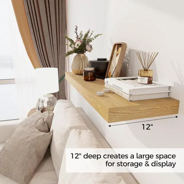 Alt view image 4 of 7 - Floating Shelves 36 Inch Long, 12 Inch Deep Floating Shelves for Wall, 36 x 12 Shelves for Wall Storage & Display, 2" Thick Floating Shelf for Bathroom, Living Room, Bedroom, Oak Color, Set of 1