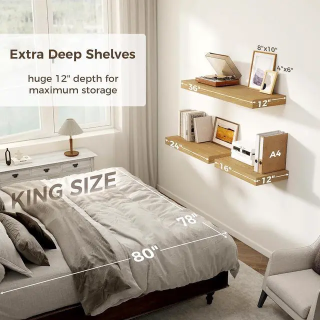 Alt view image 6 of 7 - Floating Shelves 36 Inch Long, 12 Inch Deep Floating Shelves for Wall, 36 x 12 Shelves for Wall Storage & Display, 2" Thick Floating Shelf for Bathroom, Living Room, Bedroom, Oak Color, Set of 1