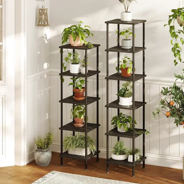 Alt view image 4 of 7 - HOOBRO 5-Tier Corner Shelf Stand, Corner Square Rack Display Shelf, Tall Storage Rack Plant Stand, Corner Bookcase for Small Spaces, Living Room, Home Office, Kitchen, Black BK50CJ01